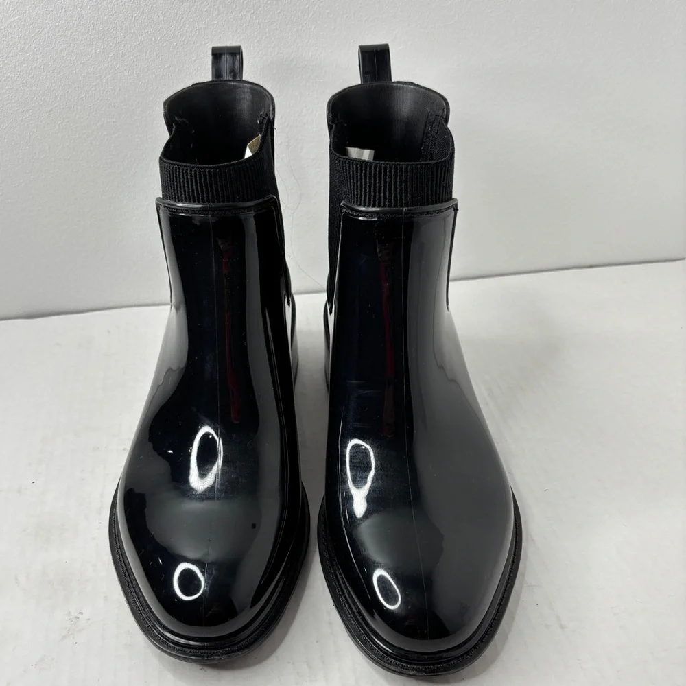 A New Day Camille heeled Chelsea rain Boots black shiny waterproof Size 8 NWOB